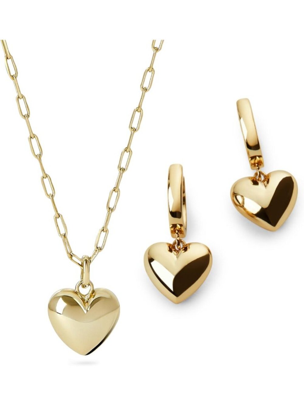 14K Gold Plated Heart Earring & Necklace Set - Paperclip Chain, Huggie Hoops